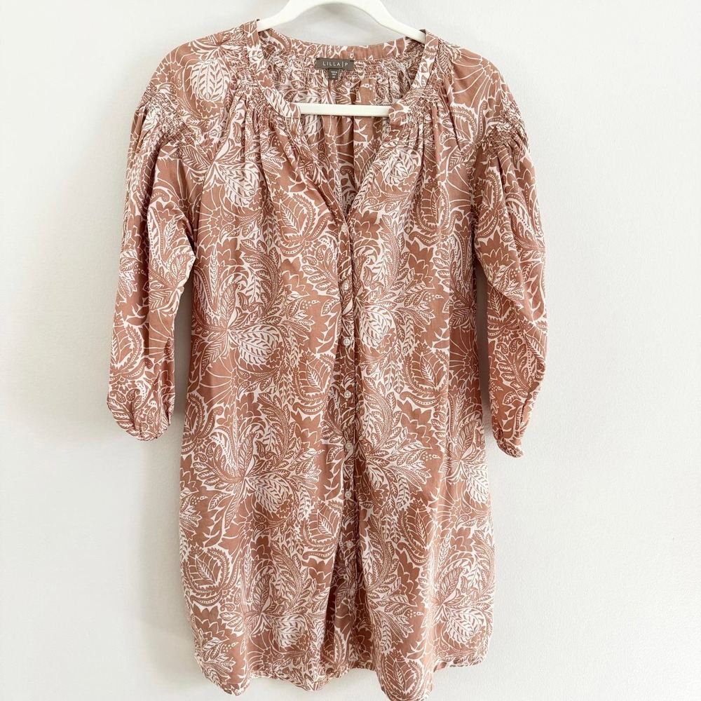 Lilla P Brown White Paisley Print Smocked Neck Button Front Long Sleeve Dress XS